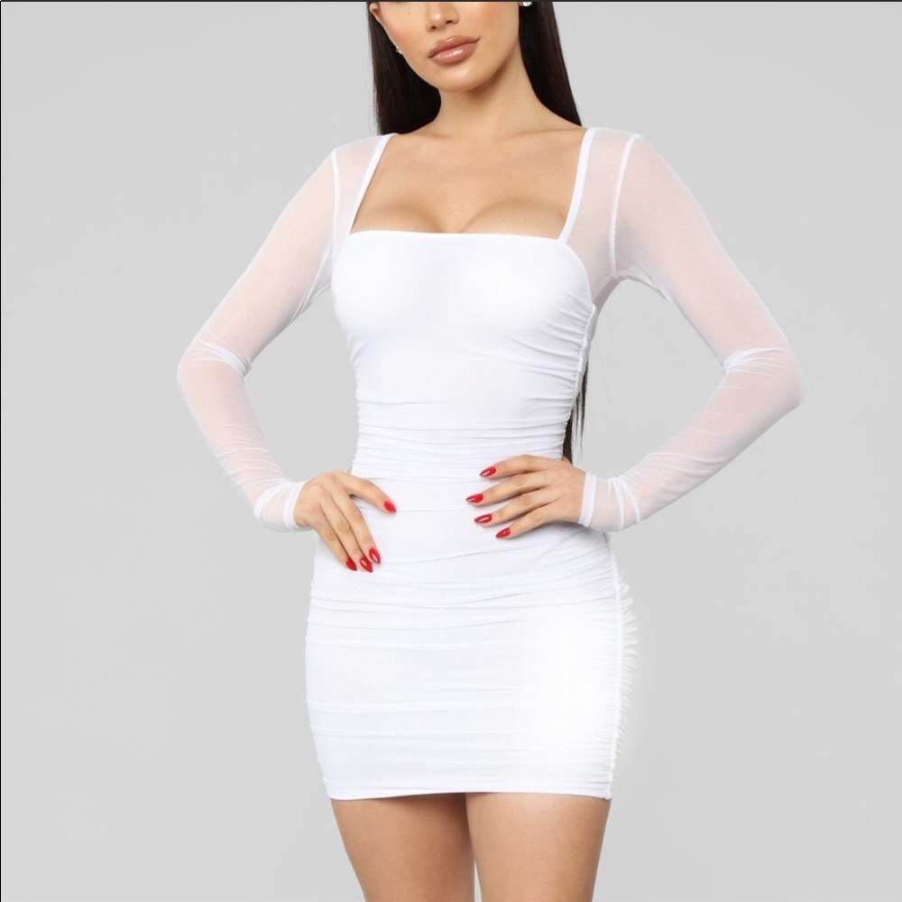 Brand new with tags white ruched dress w mesh arms